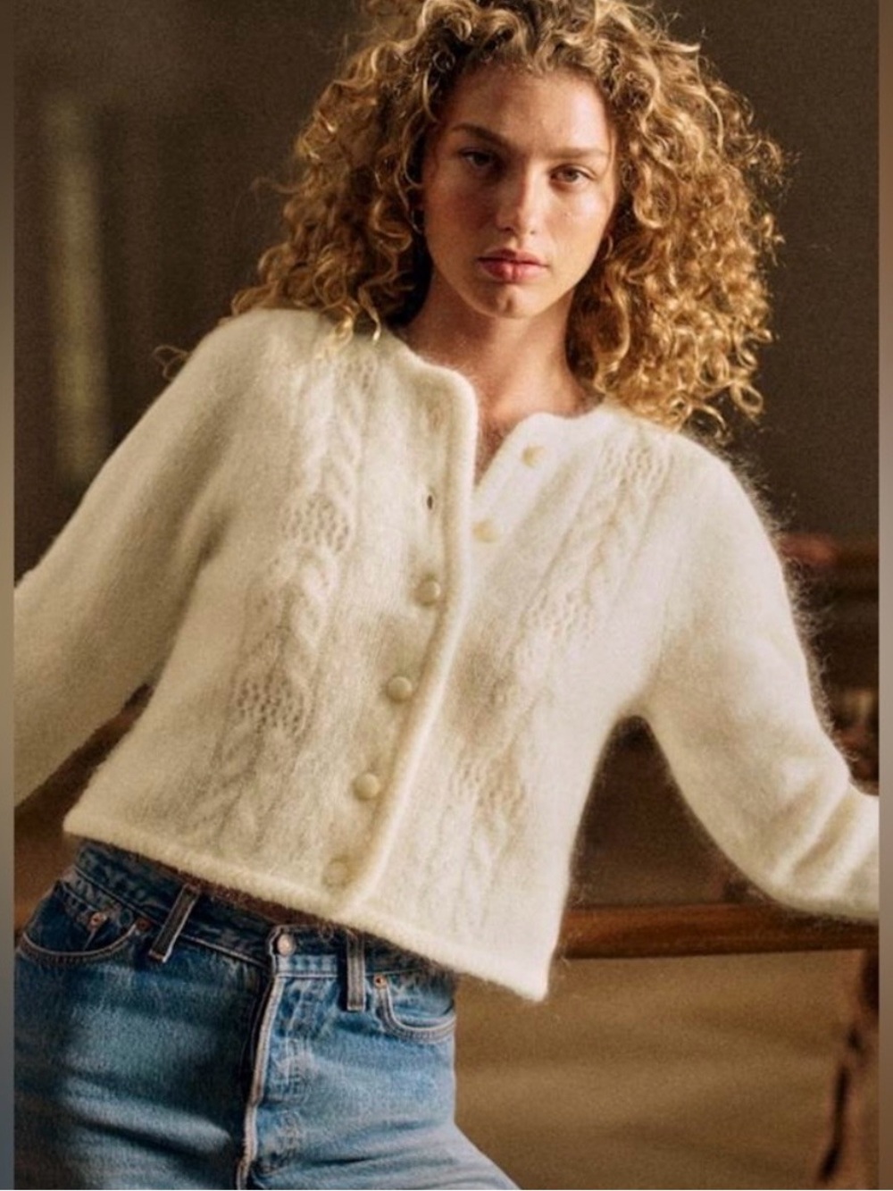 Sezane Cream Fuzzy Button-Front Cardigan